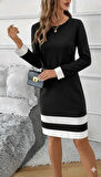Kadın Uzun Kollu Yuvarlak Yaka Etek Ucu şerit Detaylı Mini Siyah Beyaz Dalgıç Elbise