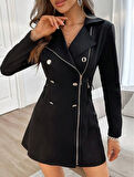 Kadın Uzun Kollu Yakalı Fermuarlı Düğme Detaylı Kısa Scuba Ceket