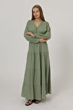 Önü Yarım Düğmeli Uzun Kol Kemerli Elbise - Haki