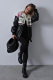 Motorcu Biker Ceket - Siyah-Pembe-Ekru