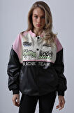 Motorcu Biker Ceket - Siyah-Pembe-Ekru