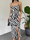 Kadın Zebra Baskılı Omuz Askılı Sırt Dekolteli Yırtmaç Detay Elbise