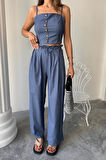 TENCEL CROP ASKILI BLUZ - ŞALVAR PANTOLON TK - İndigo