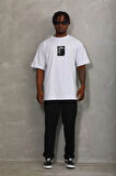 Unisex Oversize Baskılı Bisiklet Yaka T-Shirt - Beyaz