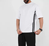 Unisex Oversize Yanları Şeritli T-Shirt - Beyaz