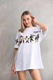 Unisex Bisiklet Yaka Baskılı Oversize T-Shirt - Beyaz