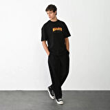 Unisex Bisiklet Yaka Baskılı Oversize T-Shirt - Siyah