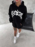 Unisex Üç İplik Kapşonlu Baskılı SweatShirt - Siyah