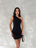 Tek Omuzlu Kolsuz Mini Boy Elbise - Siyah