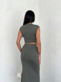 Osy Modal Yumuşak Dokulu Kumaş Büzgülü Crop Etek Takım - Mint Yeşili