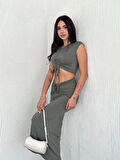 Osy Modal Yumuşak Dokulu Kumaş Büzgülü Crop Etek Takım - Mint Yeşili