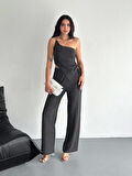 Asimetrik Crop Pantalon Ikili Takım - Füme