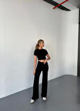 Osy Modal Yumuşak Dokulu Kumaş Kısa Kollu Crop Rahat Pantalon Ikili Takım - Siyah