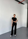 Osy Modal Yumuşak Dokulu Kumaş Kısa Kollu Crop Rahat Pantalon Ikili Takım - Siyah