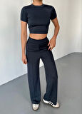 Osy Modal Yumuşak Dokulu Kumaş Kısa Kollu Crop Rahat Pantalon Ikili Takım - Füme