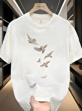 Baskılı Oversize Bisiklet Yaka T-shirt - Beyaz