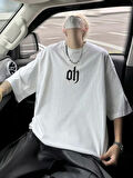 Baskılı Oversize Bisiklet Yaka T-shirt - Beyaz