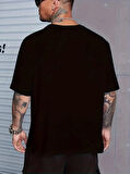 Baskılı Oversize Bisiklet Yaka T-shirt - Siyah