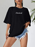 Baskılı Oversize Bisiklet Yaka T-shirt - Siyah