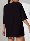 Baskılı Oversize Bisiklet Yaka T-shirt - Siyah