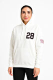 Üç İplik Kapüşonlu Ön Ve Arka Baskılı SweatShirt Hoodie - Beyaz