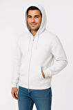 Erkek Üç İplik Kapüşonlu Tam Fermuarlı Kanguru Çepli SweatShirt Hoodie - Beyaz