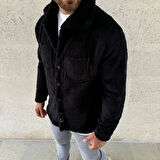 Erkek Pelüş Polar Hırka Gömlek - Yakalı, İlik Düğmeli, Göğüs Cepli, Yumuşak Dokulu Kışlık Regular Fit Rahat Günlük Model - Siyah