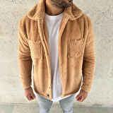 Erkek Pelüş Polar Hırka Gömlek - Yakalı, İlik Düğmeli, Göğüs Cepli, Yumuşak Dokulu Kışlık Regular Fit Rahat Günlük Model - Açık Kahve