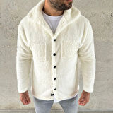 Erkek Pelüş Polar Hırka Gömlek - Yakalı, İlik Düğmeli, Göğüs Cepli, Yumuşak Dokulu Kışlık Regular Fit Rahat Günlük Model - Beyaz