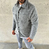 Erkek Pelüş Polar Hırka Gömlek - Yakalı, İlik Düğmeli, Göğüs Cepli, Yumuşak Dokulu Kışlık Regular Fit Rahat Günlük Model - Gri