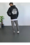 Erkek Oversize Üç İplik Kapüşonlu Sweatshirt - Siyah Sırt Ve Ön Baskılı, Kanguru Cepli, Rahat Kalıp, İçi Pamuklu ModeL-Siyah