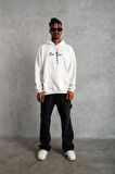Oversize Üç İplik Şardonlu Kapüşonlu Sweatshirt - Beyaz 'Other Lives' Ön Ve Arka Baskılı, Kanguru Cepli, Ribanalı Rahat Kışlık Model Beyaz