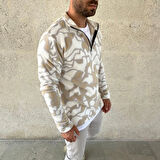 Erkek Yarım Fermuarlı Desenli Polar Sweat Yakalı, Uzun Kollu, Oversize Rahat Kalıp - Bej