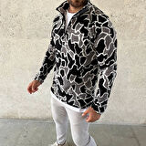 Erkek Yarım Fermuarlı Desenli Polar Sweat Yakalı, Uzun Kollu, Oversize Rahat Kalıp - Siyah