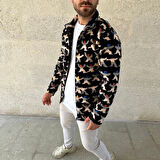 Erkek Tam Fermuarlı Desenli Polar Sweat - Siyah Multicolor Figür Desen Yakalı, Uzun Kollu, Oversize Rahat Kalıp- Siyah