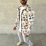 Erkek Tam Fermuarlı Desenli Polar Sweat - Siyah Multicolor Figür Desen Yakalı, Uzun Kollu, Oversize Rahat Kalıp- Beyaz