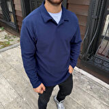 Erkek Fitilli Polar Sweatshirt - Düğmesiz Polo Yaka, Oversize Rahat Kalıp, Kalın Polar Kumaş, Kışlık Ve Baharlık Şık Günlük Üst - Lacivert