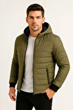 Erkek Şişme Kapüşonlu Fermuarlı Mont Su Itici Kapitone Astarlı Kumaş Cepli Kışlık Rahat Kalıp - Haki
