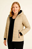 Şişme Kapüşonlu Fermuarlı Mont Su Itici Kapitone Astarlı Kumaş Cepli Kışlık Rahat Kalıp - Bej