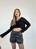 3921 TRİKO V YAKA CROP-SİYAH