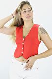 Düz Triko Crop Yelek Bluz Kırmızı - 1468.100