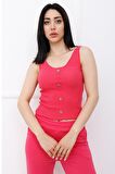Sahte Düğmeli Askılı Bady Fuşya - P-020496