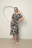 Viskon Kumaş Dalga Desen Kadın Elbise-Siyah
