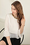 Krep Kumaş Kolları Volanlı Kadın Bluz-Ekru