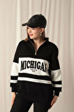 Üç İplik Michigan Baskılı Fermuarlı Kadın Siyah Sweat