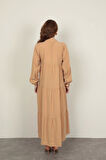 Modal Kumaş Kolu Lastikli Bej Elbise