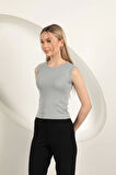Çilek Viskon Kumaş Basic Bluz-Gri