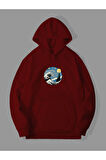3 İplik Yıldızlı Gece Dalga Baskılı Kırmızı Kanguru Cepli Kapüşonlu Sweatshirt Hoodie | S