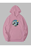 Üç İplik Yıldızlı Gece Dalga Baskılı Unisex Pembe Kanguru Cepli Kapüşonlu Sweatshirt Hoodie | M