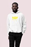 Dark Baskılı Beyaz Erkek Kapüşonlu 3 iplik Şardonlu Ribanalı Sweatshirt Hoodie